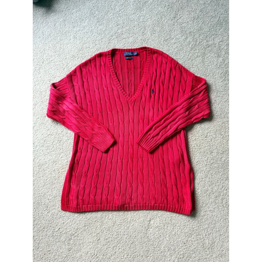 Polo Ralph Lauren Red Pima Cotton Cable Knit V-Neck Sweater Womens Medium
